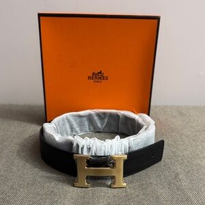 Black Leather Belt with Gold H Buckle